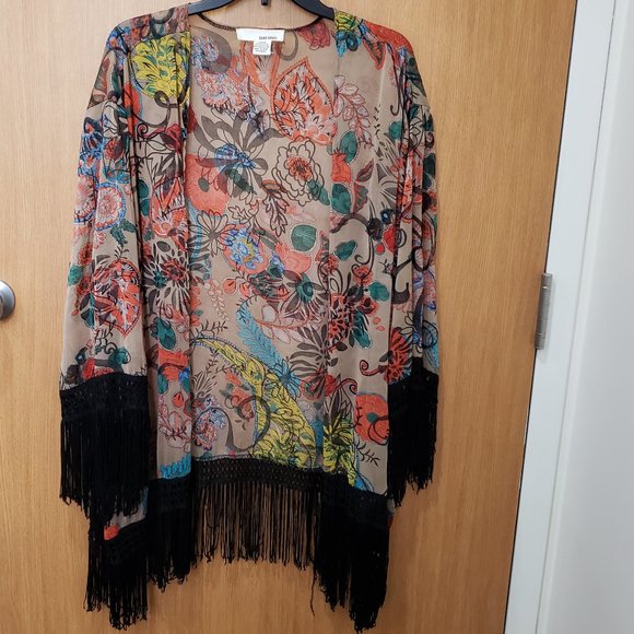 Sans Souci, tan orange green blue black kimono fringe cardigan, large - Picture 2 of 15